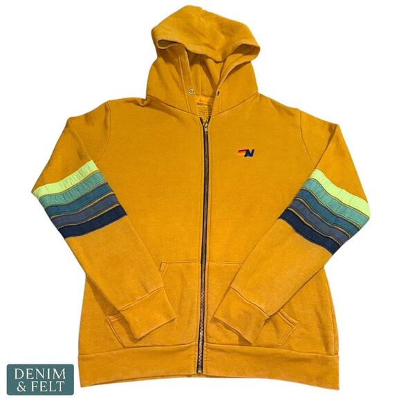 Aviator Nation Aspen Zip Hoodie Mustard Yellow Striped Sleeves Size Large RARE!! - Picture 4 of 15